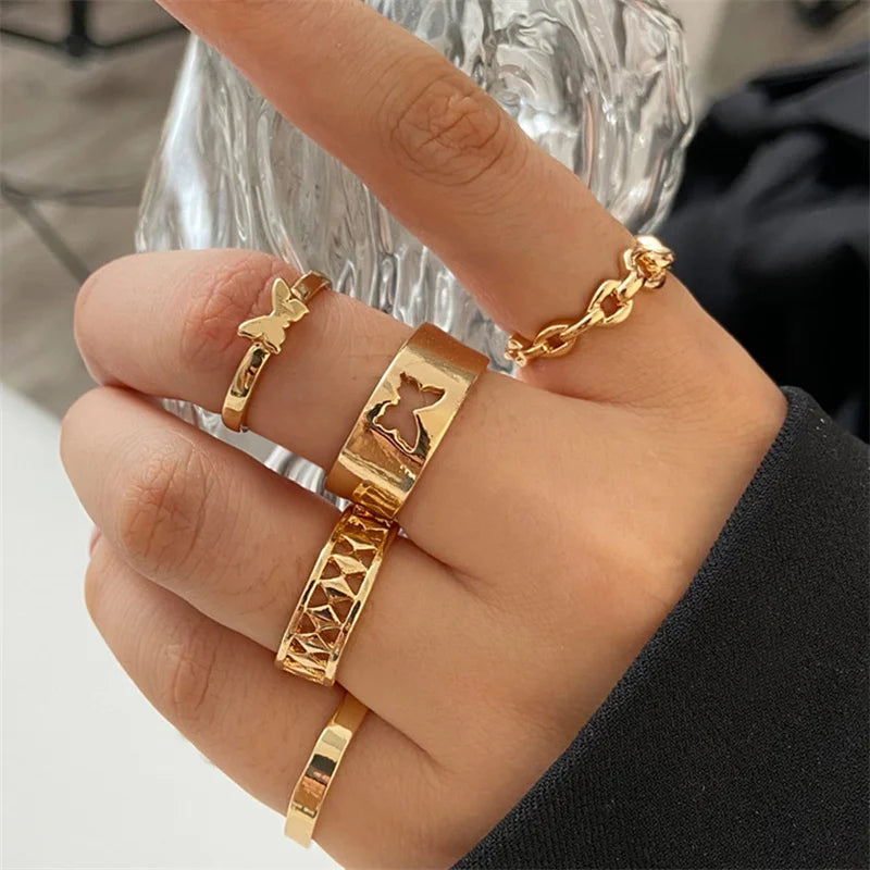 Bohemian Wave Flower Rings Set For Women Vintage Geometric Pearl Butterfly Metal Chain Knuckle Rings 2022 Trendy Jewelry Gift