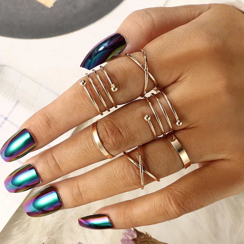 Bohemian Wave Flower Rings Set For Women Vintage Geometric Pearl Butterfly Metal Chain Knuckle Rings 2022 Trendy Jewelry Gift