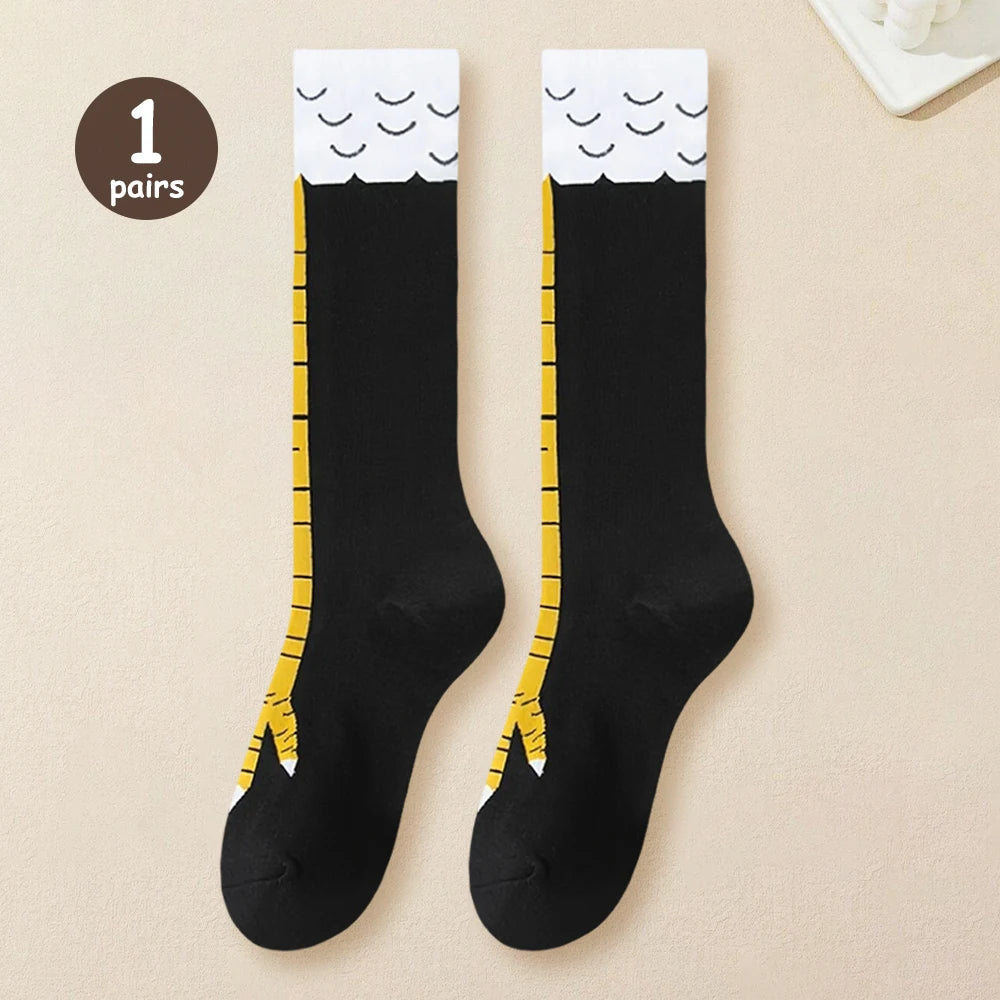 1 Pair Women Knee High Socks Trendy Cartoon Funny Chicken Claw Socks Fitness Sports Casual Slim Leg Long Tube Socks Women