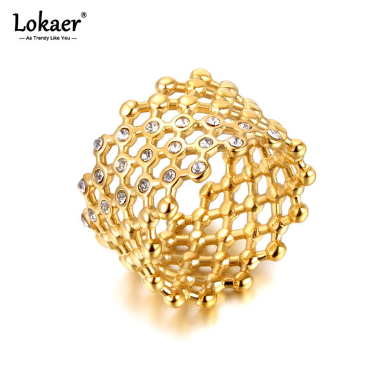 Lokaer Cubic Zircon CZ Stone Crystal Wide Ring Jewelry Women Stainless Steel Waterproof 18K Gold Plated Statement Rings R24002