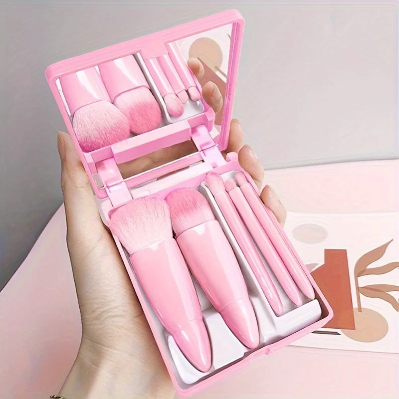 5Pcs Travel Makeup Brush Setwith Storage Box - Soft Bristle Eye Shadow, Loose Powder, and Foundation Brushes with Mirror