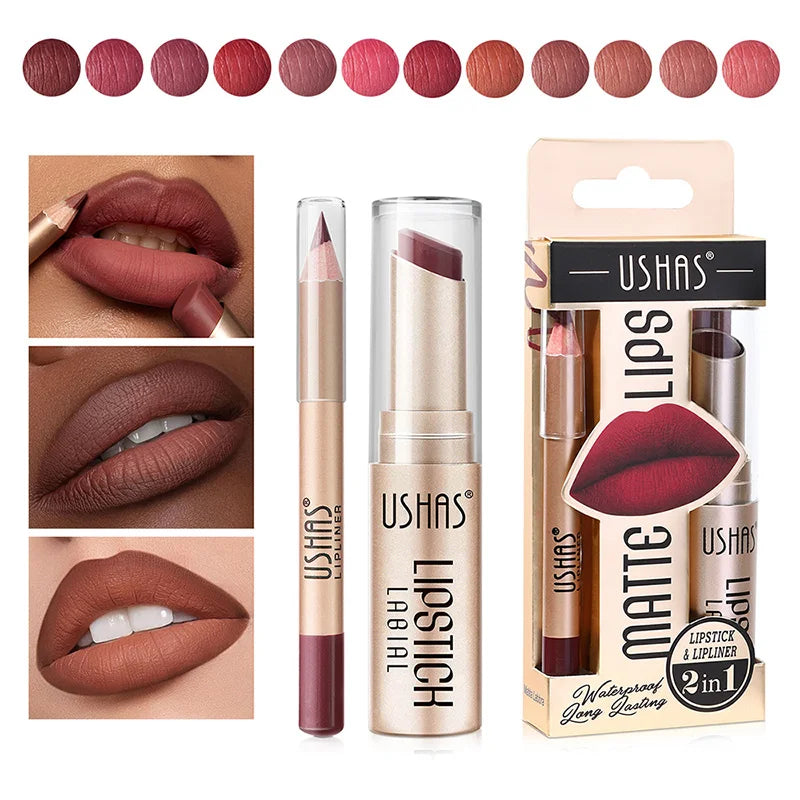 12 Colors Matte Nude Lipstick&lip Liner Set Waterproof Longlasting Lip Liner High Pigmented Slim Lip Sick Lips Makeup