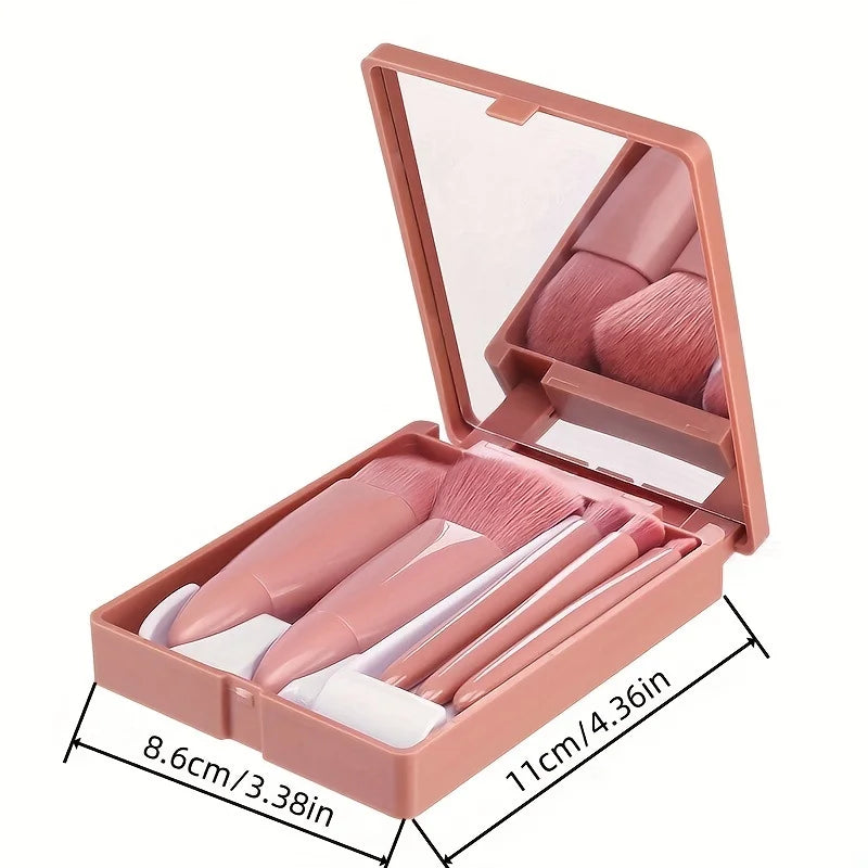 5Pcs Travel Makeup Brush Setwith Storage Box - Soft Bristle Eye Shadow, Loose Powder, and Foundation Brushes with Mirror