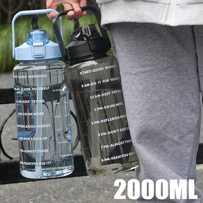 2 Liters Plastic Kettle Large Portable Travel Water Bottle with Straw Sports Fitness Cup High Value Big Fat Cup Adult Universal