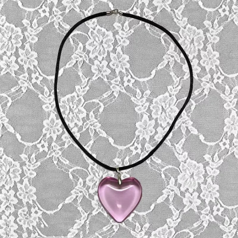 Big Red Glass Heart Pendant Black String Necklace For Women Pink Green Red AB Purple Crystal Stone Lovely Y2K Pendant Jewelry