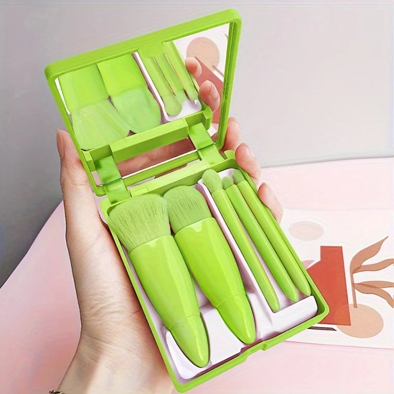 5Pcs Travel Makeup Brush Setwith Storage Box - Soft Bristle Eye Shadow, Loose Powder, and Foundation Brushes with Mirror