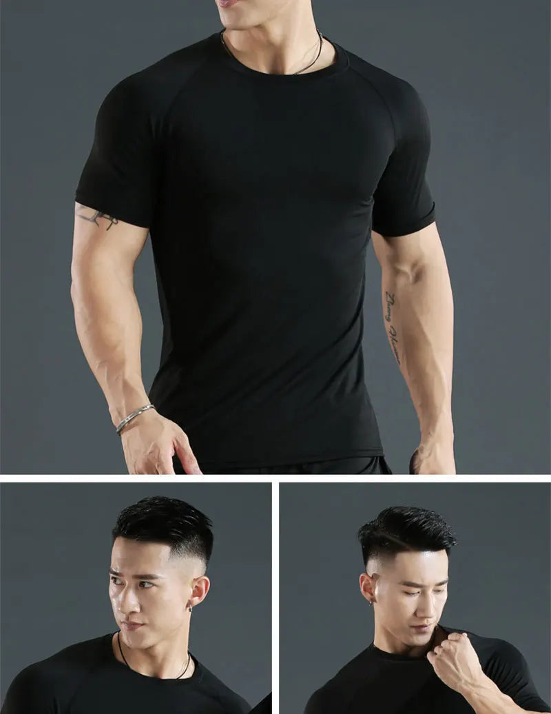 Men's compression running T-shirt fitness tight short sleeved T-shirt training jogging shirt gym sportswear quick drying