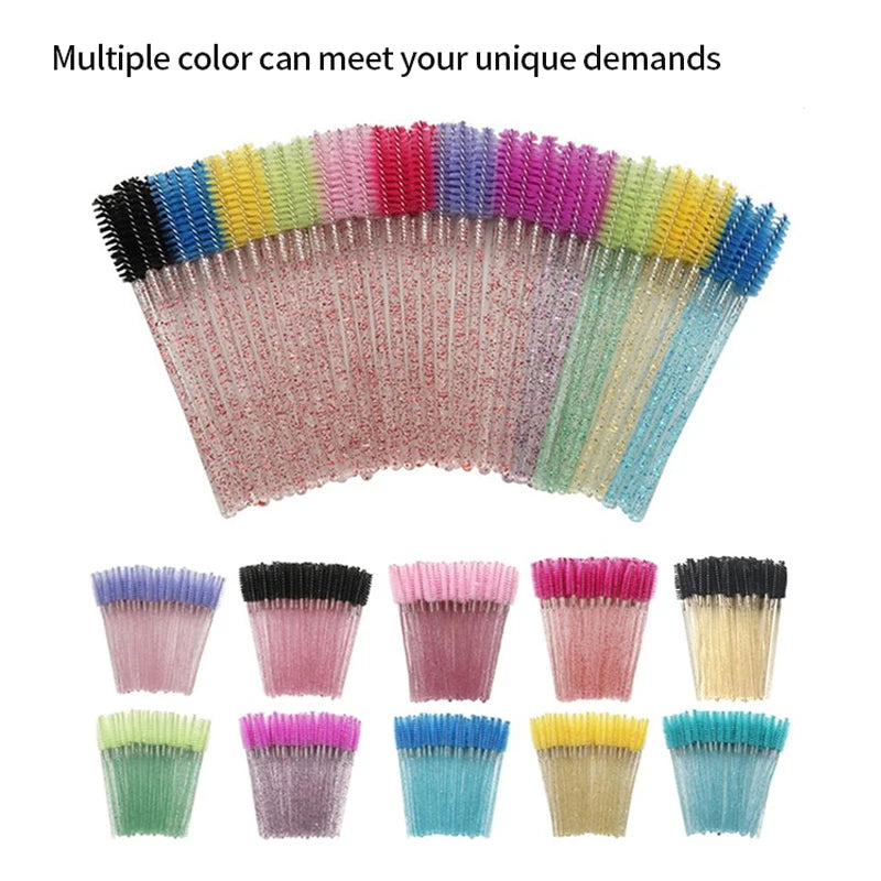 CNK 50Pcs Disposable Crystal Eyelash Brush Mascara Wands Applicator Diamond Rod Makeup Brushes for Women Eyelash Extension Tool