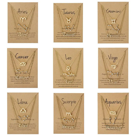 3Pcs 12 Zodiac Sign Necklace Set For Women Constellation Pendant Gold Silver Color Chain Female Birthday Jewelry With Cardboard