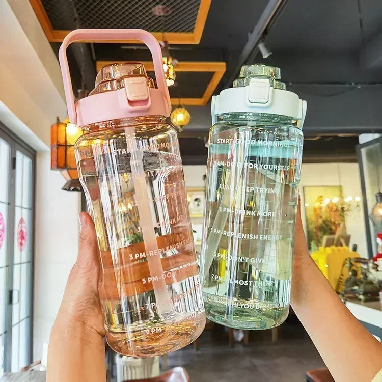 2 Liters Plastic Kettle Large Portable Travel Water Bottle with Straw Sports Fitness Cup High Value Big Fat Cup Adult Universal