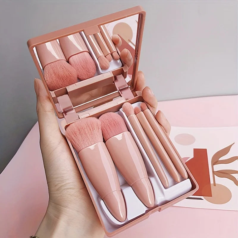 5Pcs Travel Makeup Brush Setwith Storage Box - Soft Bristle Eye Shadow, Loose Powder, and Foundation Brushes with Mirror