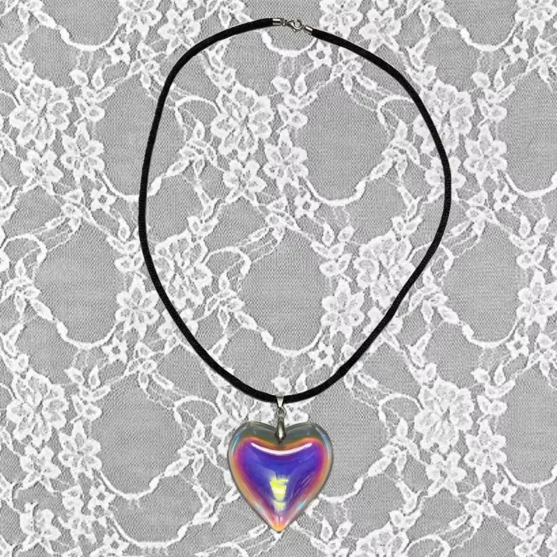 Big Red Glass Heart Pendant Black String Necklace For Women Pink Green Red AB Purple Crystal Stone Lovely Y2K Pendant Jewelry