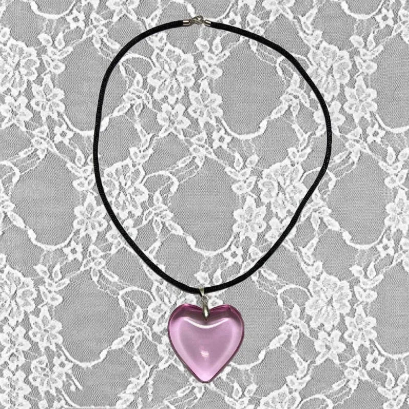 Big Red Glass Heart Pendant Black String Necklace For Women Pink Green Red AB Purple Crystal Stone Lovely Y2K Pendant Jewelry